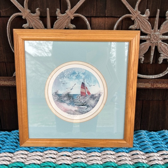 Waters Edge Signed by Irene Shore Framed Nautical Lithograph with Sailboat. - Picture 1 of 7